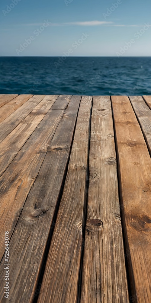 An empty wooden table for displaying goods against the background of the sea An empty wooden table for displaying goods against the background of the sea