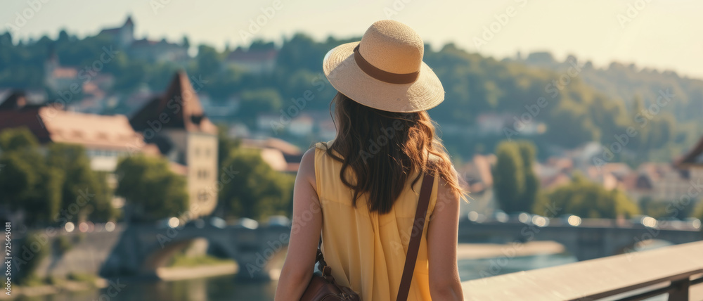Female traveler overlooking a historic European city, evoking wanderlust and the joy of travel