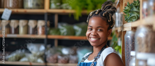Cheerful shop owner in an eco-friendly store, representing sustainable living and community retail