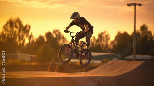 Teenage bmx BMX rider in action at skatepark