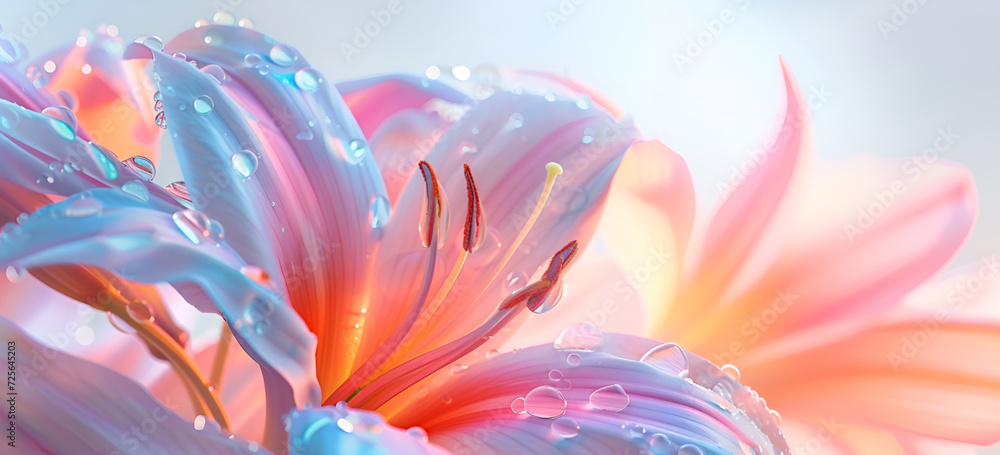 Iridescent lily flowers with water drops, holographic background with copy space. 90s nostalgia. Luminous flower petals with pastel gradient of rainbow colors, holo flower. Shimmering lily flower
