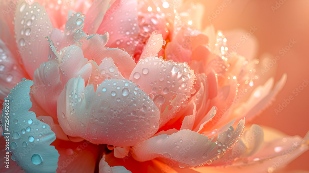 Big peach fuzz peony with raindrops shimmer. Pastel petals with dewy radiance. Soft floral background in peach colors with morning dew glow, ethereal peony flower close up - obrazy, fototapety, plakaty 