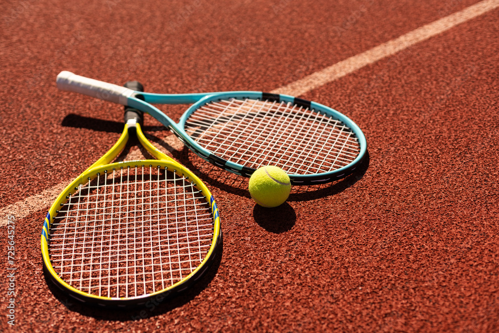 Balls and racket are lying on clay brown professional tennis court Close up of tennis balls and racket on dross at tennis court on the playground. Sport concept. Perspective up top view 
