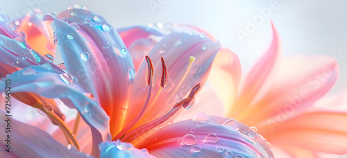 Iridescent lily flowers with water drops, holographic background with copy space. 90s nostalgia. Luminous flower petals with pastel gradient of rainbow colors, holo flower. Shimmering lily flower