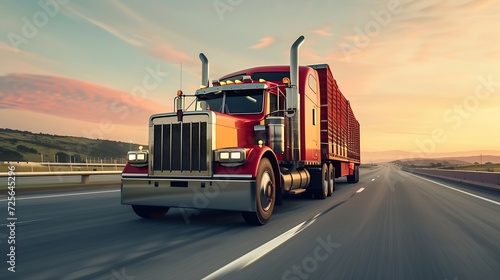 Generative AI : American style truck on freeway pulling load. Transportation theme. Road cars theme. photo