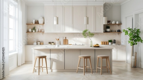 Generative AI : classic minimalist kitchen in white and beige colors photo