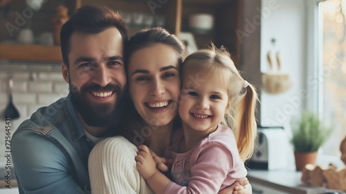 Generative AI : young mother and father standing in their living room with little girl smiling at home