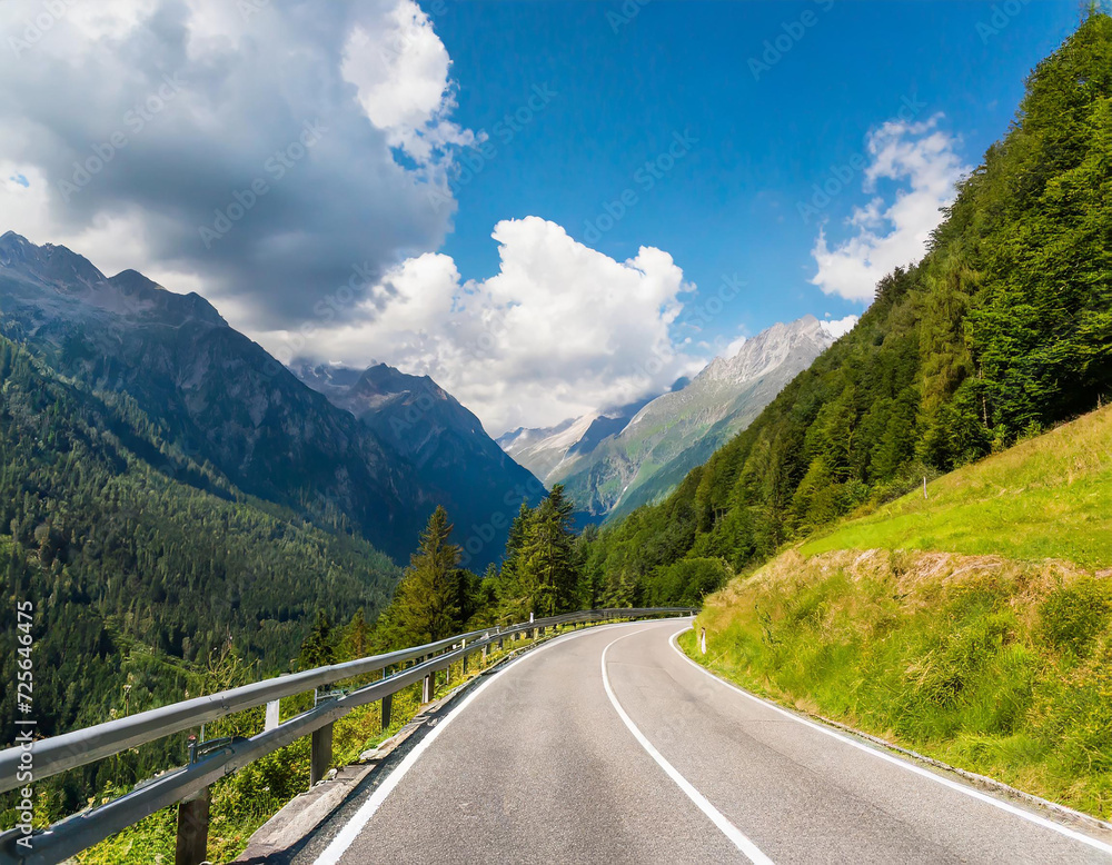 Asphalt road in Alp mountains. Road trip concept. Beautiful landscape.