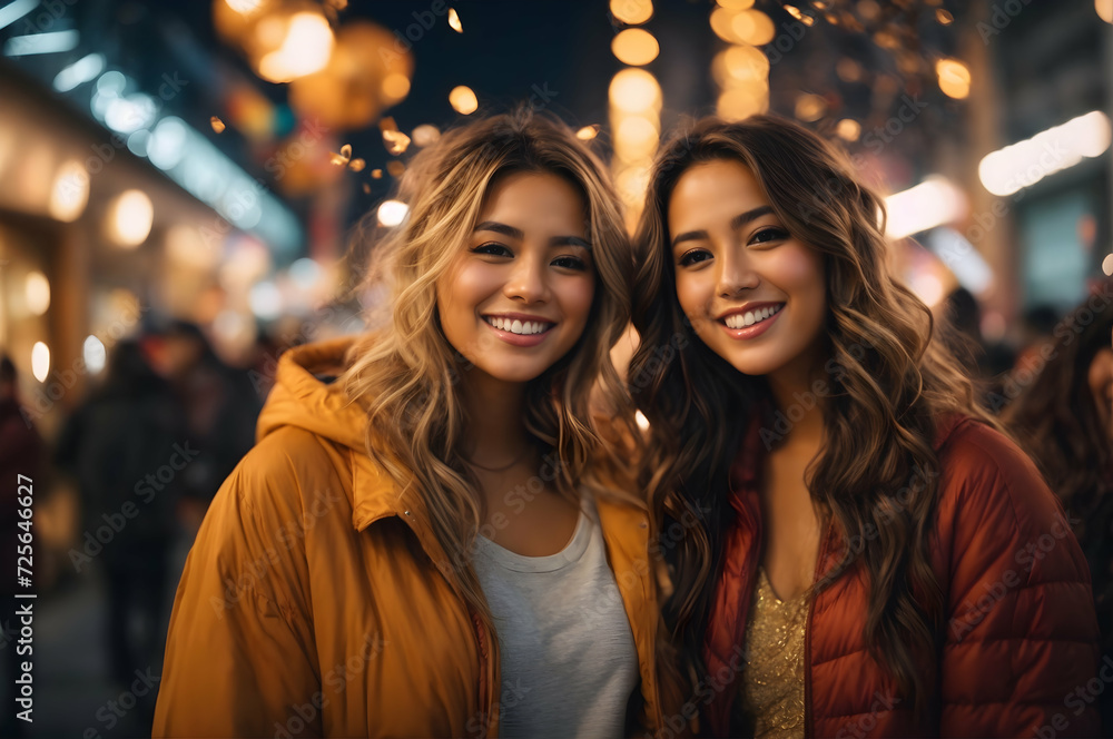 Portrait of two beautiful young women smiling and looking at the camera