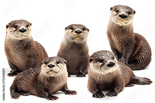 Otter, mammal Otters found in Thailand: 1. Small, short-clawed otter 2. Smooth-haired large otter 3. Common large otter. Photograph, watercolor image, white background, Generative AI © kop