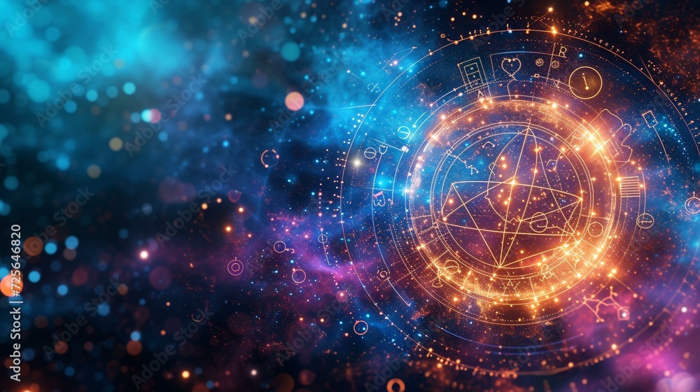 Obraz premium Converging lines and shapes representing the intricate connections between the zodiac signs, illustrating the complex web of astrological influences. ,[horoscope circle with the si