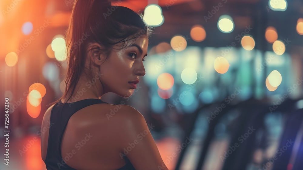 Generative AI : Sportive girl with long hair does lifting on the trainer in the gym Generative AI : Sportive girl with long hair does lifting on the trainer in the gym