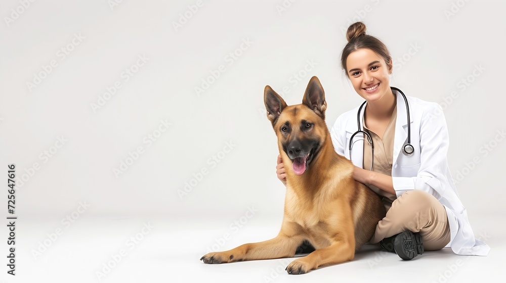 Generative AI : Young veterinarian woman with dog sitting on the floor isolated on white background with happy expression