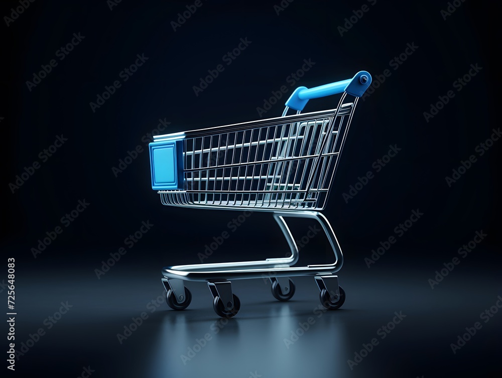 3d rendering of a blue shopping cart on a dark background.