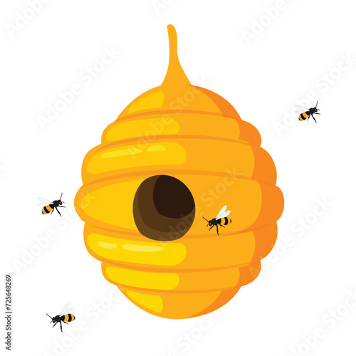 Wild bees nest or bee hive hanging isolated on white background. Vector illustration. Beekeeping photo