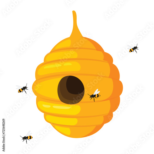 Wild bees nest or bee hive hanging isolated on white background. Vector illustration. Beekeeping