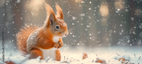 Wildlife animal photography background - Sweet crazy red squirrel (sciurus vulgaris) in the forest or park in winter with snow and snowflakes.