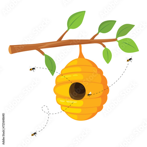 Yellow bee hive hanging on a tree branch bees flying