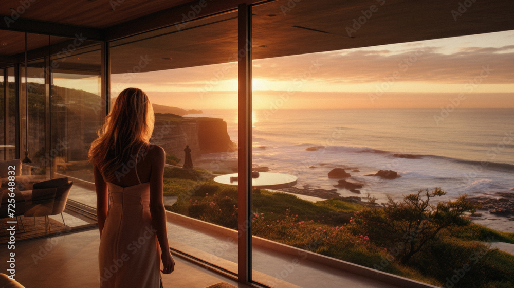 Woman looking out the window of a luxury villa at sunset . Woman looking out the window of a luxury villa at sunset .