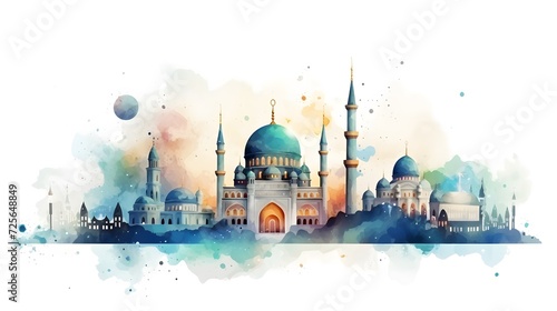 Ramadan Kareem greeting card with mosque in watercolor style. Vector illustration. 
