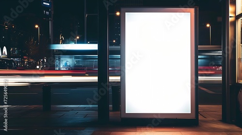 Generative AI : Blank white mock up of vertical light box in a bus stop at night