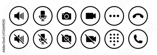 Video call icon set with microphone, video, camera, hang, pick, end call, speaker, microphone on, microphone off and dialer in line art - Vector Icon