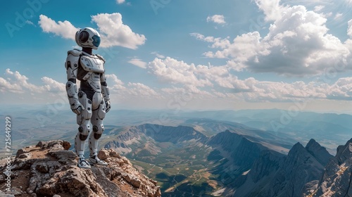 Robot Contemplating on High Mountain Cliff
