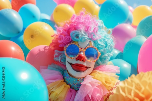 happy clown in a colored ball pit surrounded by balloon decorations