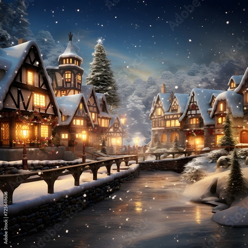 Winter night in european village. Christmas and New Year concept.