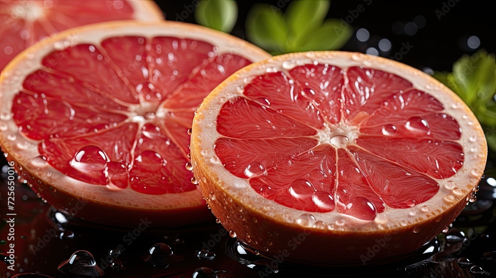 Close-up background of sliced fresh grapefruits, banner for advertising, Generative AI Close-up background of sliced fresh grapefruits, banner for advertising, Generative AI