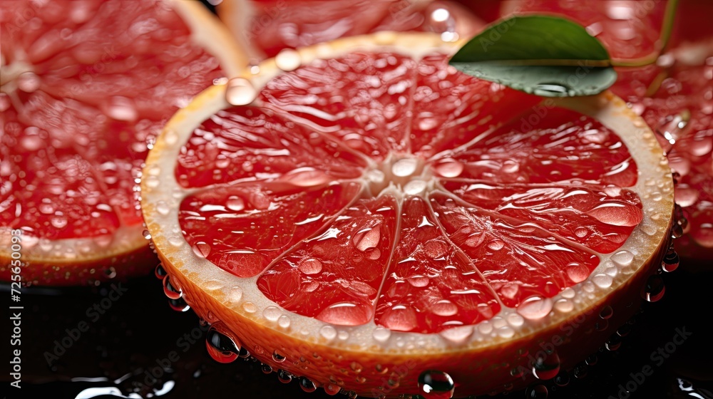 Close-up background of sliced fresh grapefruits, banner for advertising, Generative AI Close-up background of sliced fresh grapefruits, banner for advertising, Generative AI