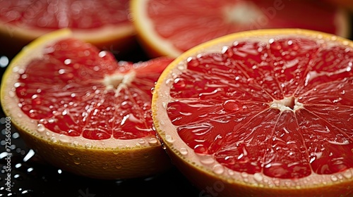 Close-up background of sliced fresh grapefruits  banner for advertising  Generative AI