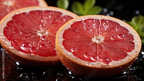 Close-up background of sliced fresh grapefruits, banner for advertising, Generative AI
