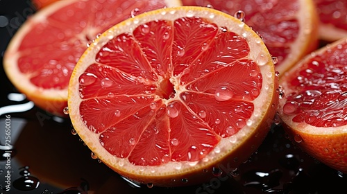 Close-up background of sliced fresh grapefruits  banner for advertising  Generative AI