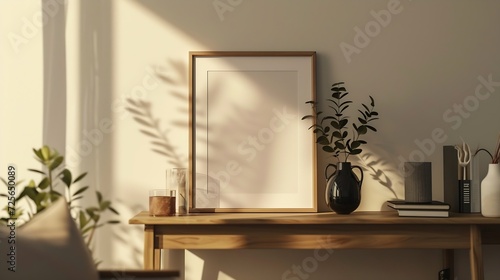 Generative AI : aesthetic frame mockup poster leaning on the wooden coffee table lit by sunlight in the warm living room. 