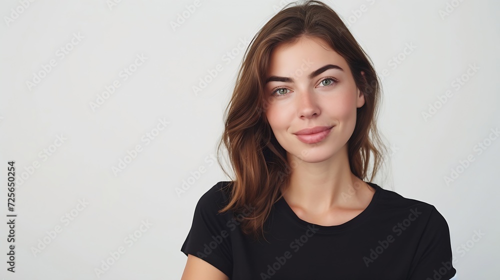 Obraz premium Generative AI : Portrait of beautiful natural brunette woman, smiling and looking in camera