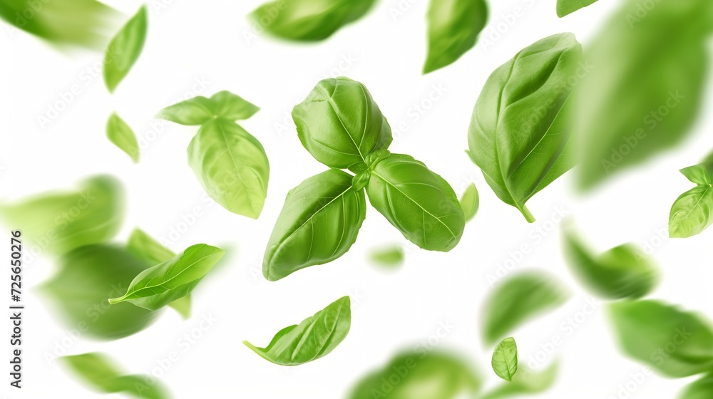 Generative AI : Green basil leaves flying on white background. Fresh levitating leaves isolate Generative AI : Green basil leaves flying on white background. Fresh levitating leaves isolate