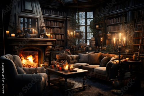 Living room with fireplace, sofa, armchair and bookshelf