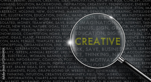Magnifying glass on Creative word. Word cloud and Creative word in yellow color on chalk board. Innovation, idea, creativity, and design Concept. 3D illustration. photo