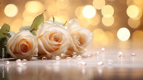 Close-up of elegant white wedding roses on soft bokeh background with copy space  banner