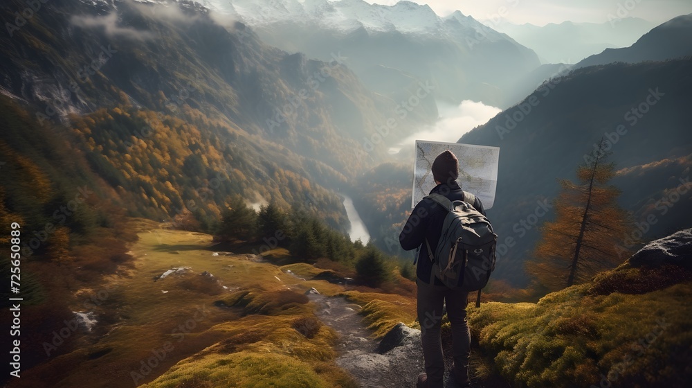 Solo traveler with map exploring autumn mountains on a misty day