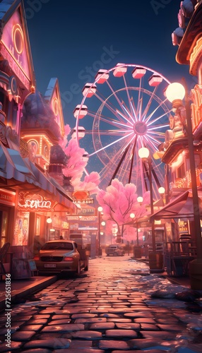 Amusement park with ferris wheel at night, 3d render