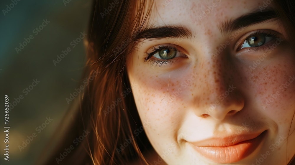 Fototapeta premium Generative AI : Portrait of beautiful naturally brunette woman, smiling and looking in camera