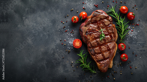 
barbecue rib eye dry aged entrecote steak on stone surface background. space for text,