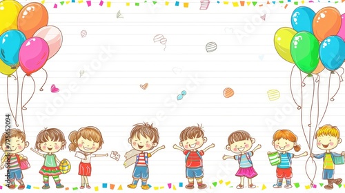 Back to school notebook background. Drawing children and flying colorful paper balloons banner. Vector doodle kids with 3d ballons on empty poster template