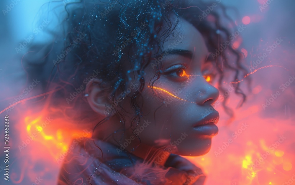 Neon close up portrait of young woman.