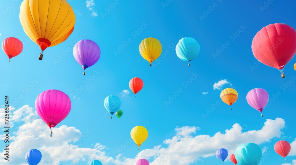 Illustration flying colourful balloons in blue sky raster