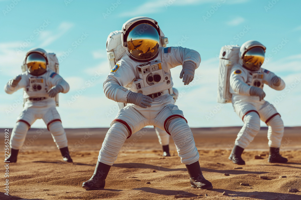 Fototapeta premium Astronauts in spacesuits dance. International Day of Human Space Flight.