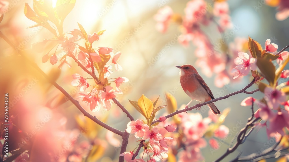 Spring natural world flowers flora and fauna. Blossoms, treesm air, sunlight warm weather birds leaves beauty. banner copy space greeting card wallpaper background.