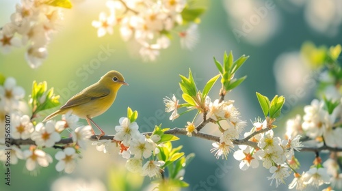 Spring natural world flowers flora and fauna. Blossoms, treesm air, sunlight warm weather birds leaves beauty. banner copy space greeting card wallpaper background.